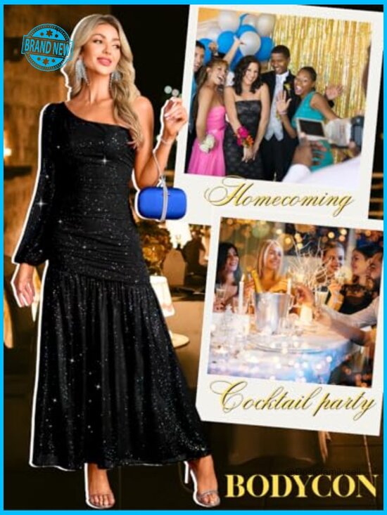 Sparkly Sequin Prom Dress One Shoulder Ruched High Slit Formal Evening Gown - Picture 6 of 7